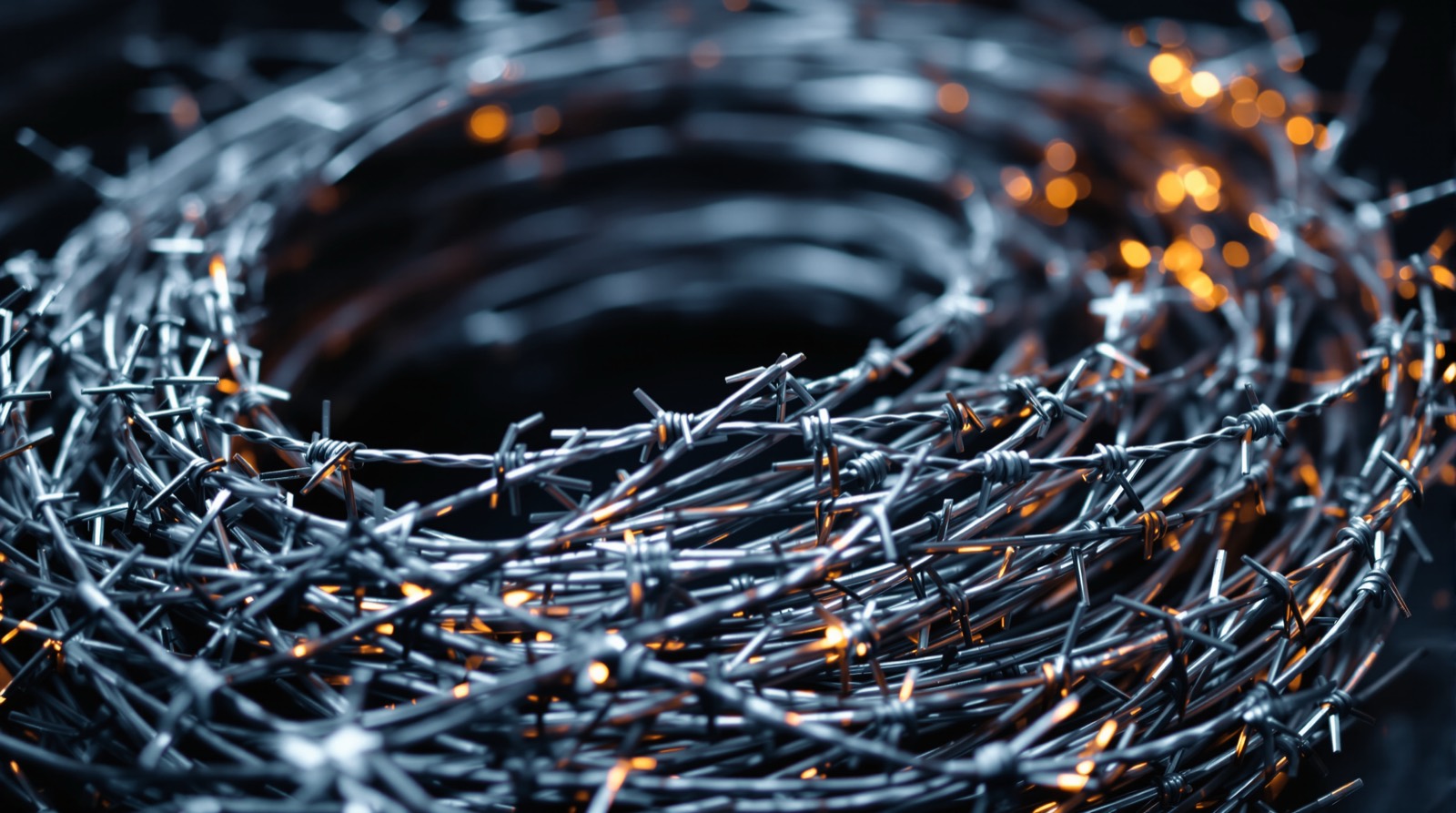 Coil of new galvanized barbed wire with twisted barbs