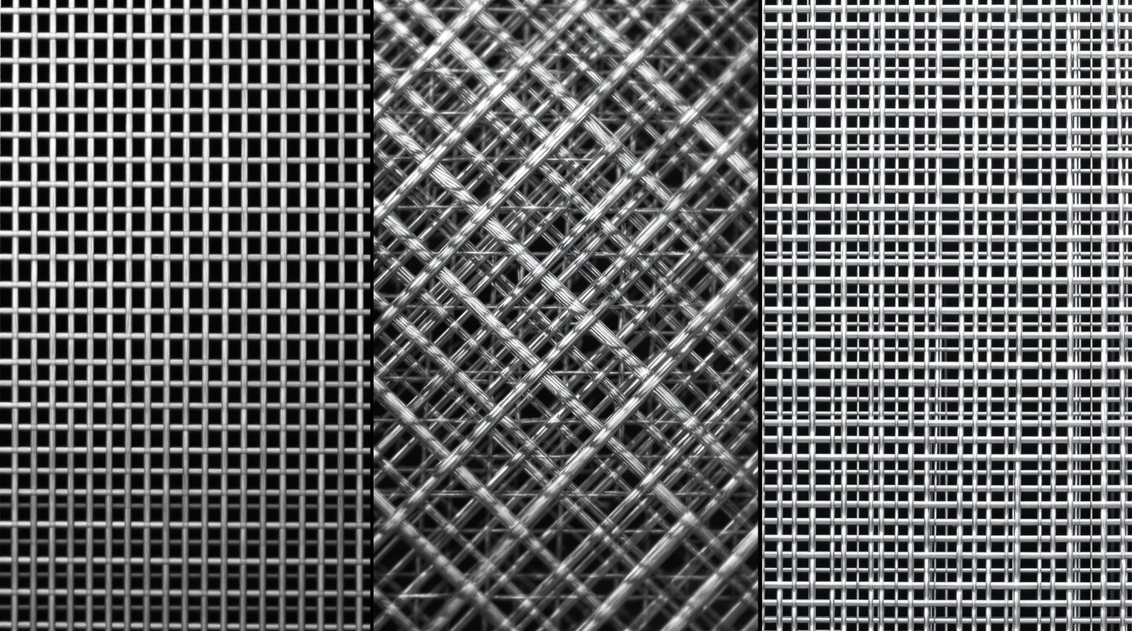 Close-up comparison of plain weave, twill weave and Dutch weave stainless steel wire mesh