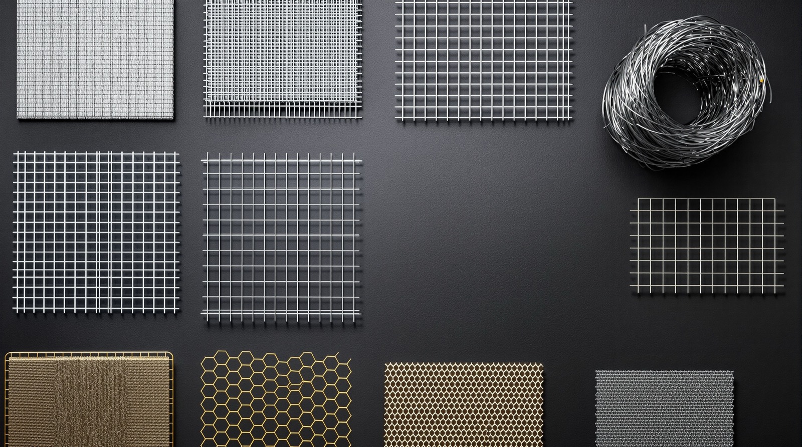 Sample swatches of the factory's woven, welded, galvanized and brass wire mesh products