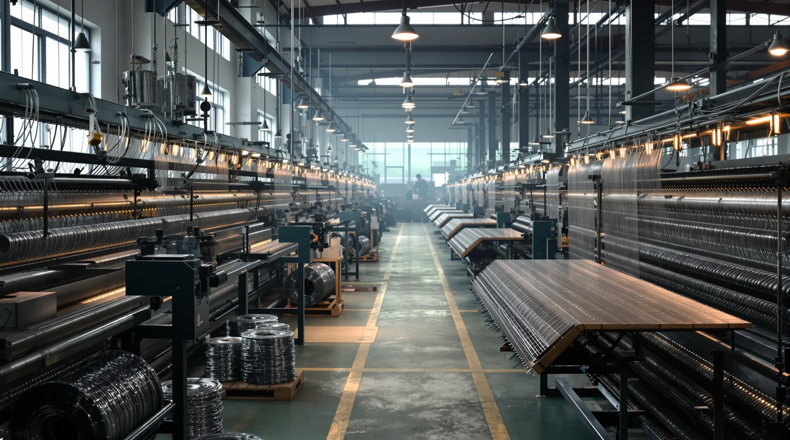 Wire mesh weaving looms inside the Anping County factory workshop