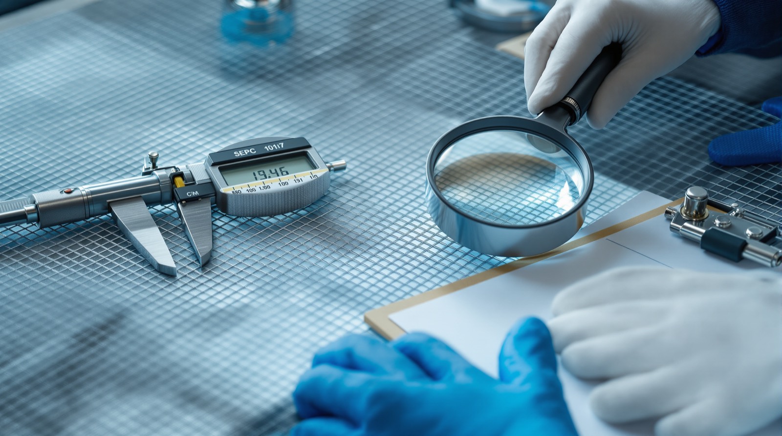 Quality inspection of stainless steel wire mesh with micrometer and counting glass