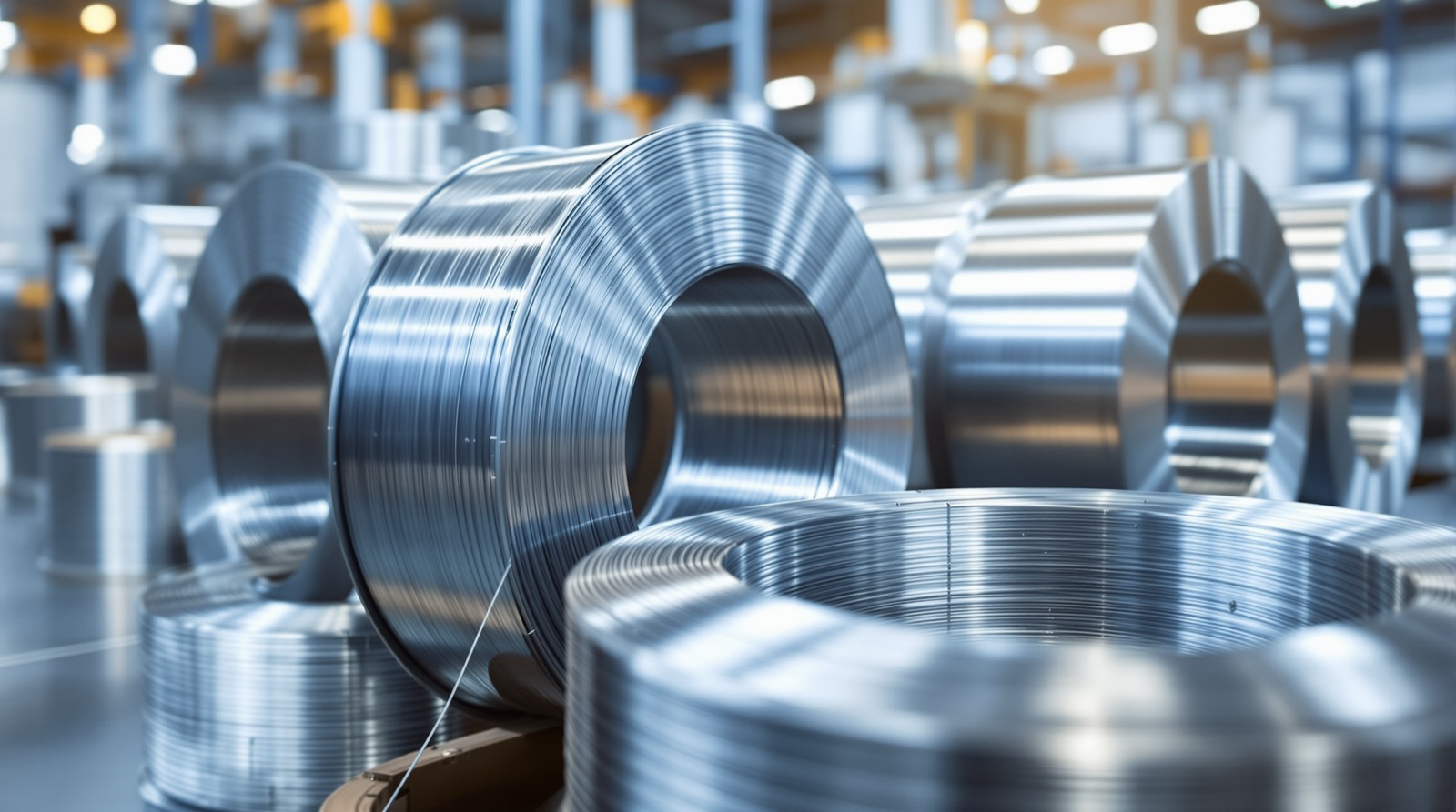 Coils and spools of fine stainless steel wire in the factory storeroom