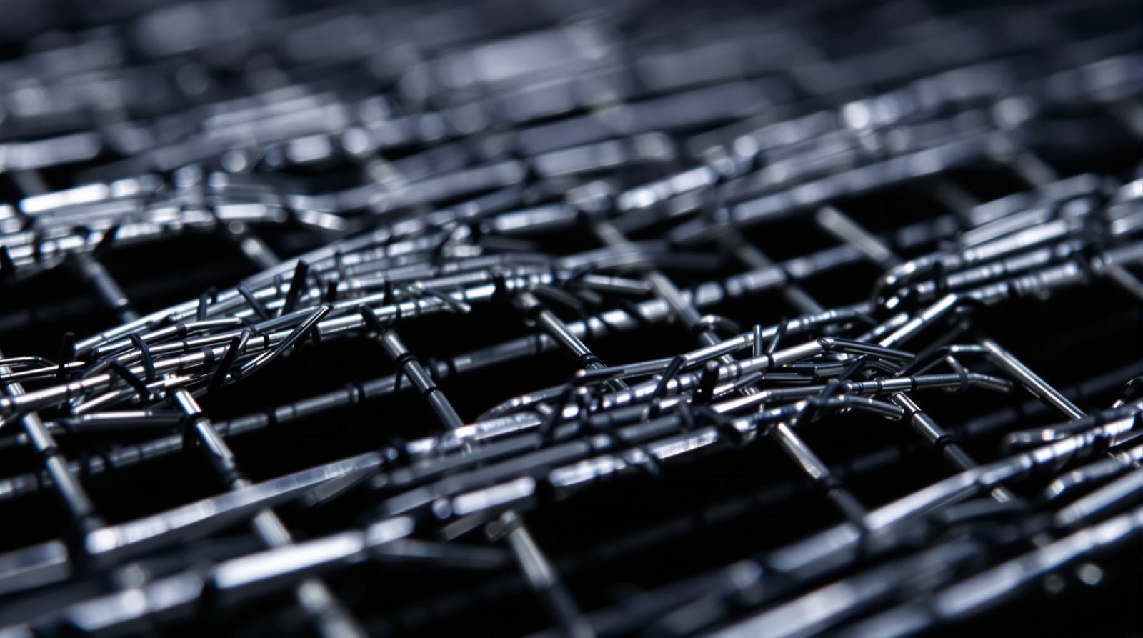 Diagonal pattern of twill weave stainless steel wire mesh under magnification